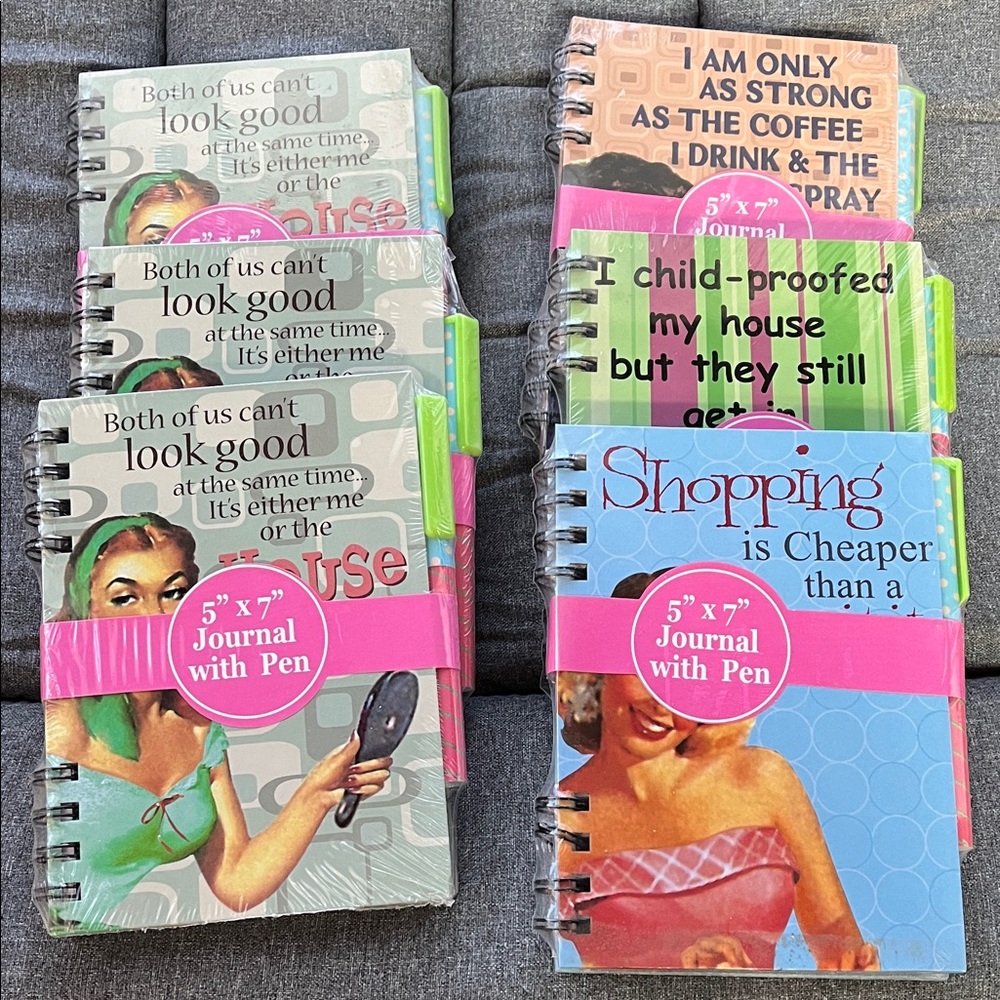 Humorous Spiral Notebook Set with Pen - Green, Pink, Blue 6 Notebooks